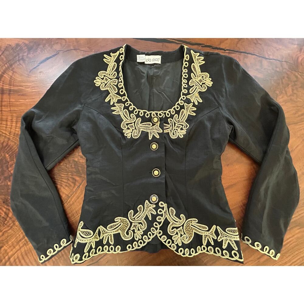 Vintage 80s Pia Rucci Black & Gold Embroidered Ramie Jacket Blazer Sz S